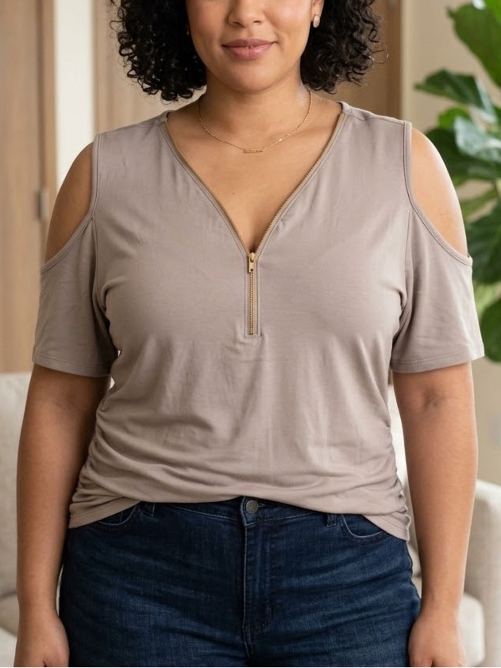 Splash Taupe Cutout-Shoulder V-Neck Zip Top